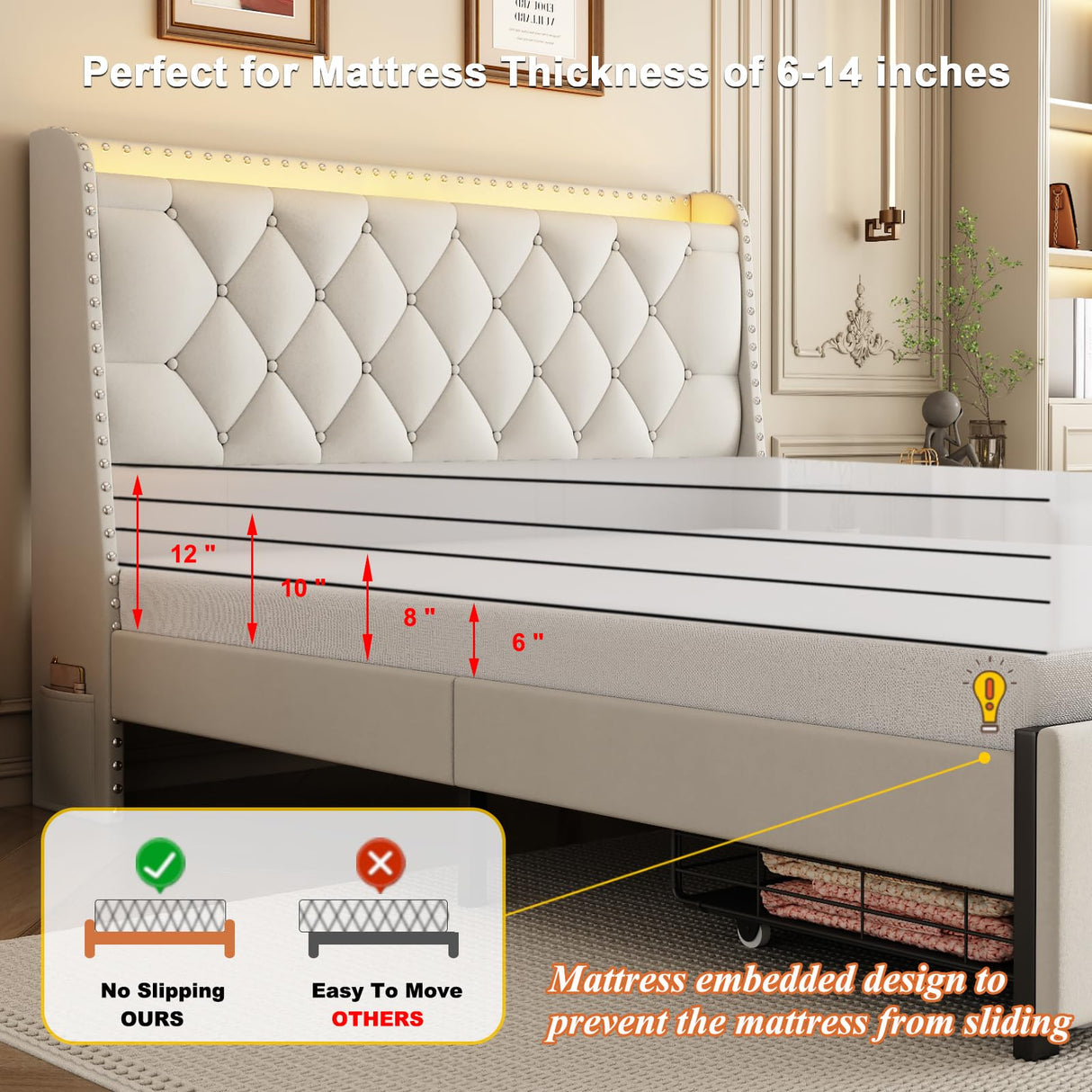 Full Size Bed Frame with Storage Headboard and 2 Drawers, Upholstered Button Tufted Bed Frames Full with Led Lights and Handy Charging Station, No Box Spring Needed, Easy Assembly, Noise Free, Beige TIGUBFRE