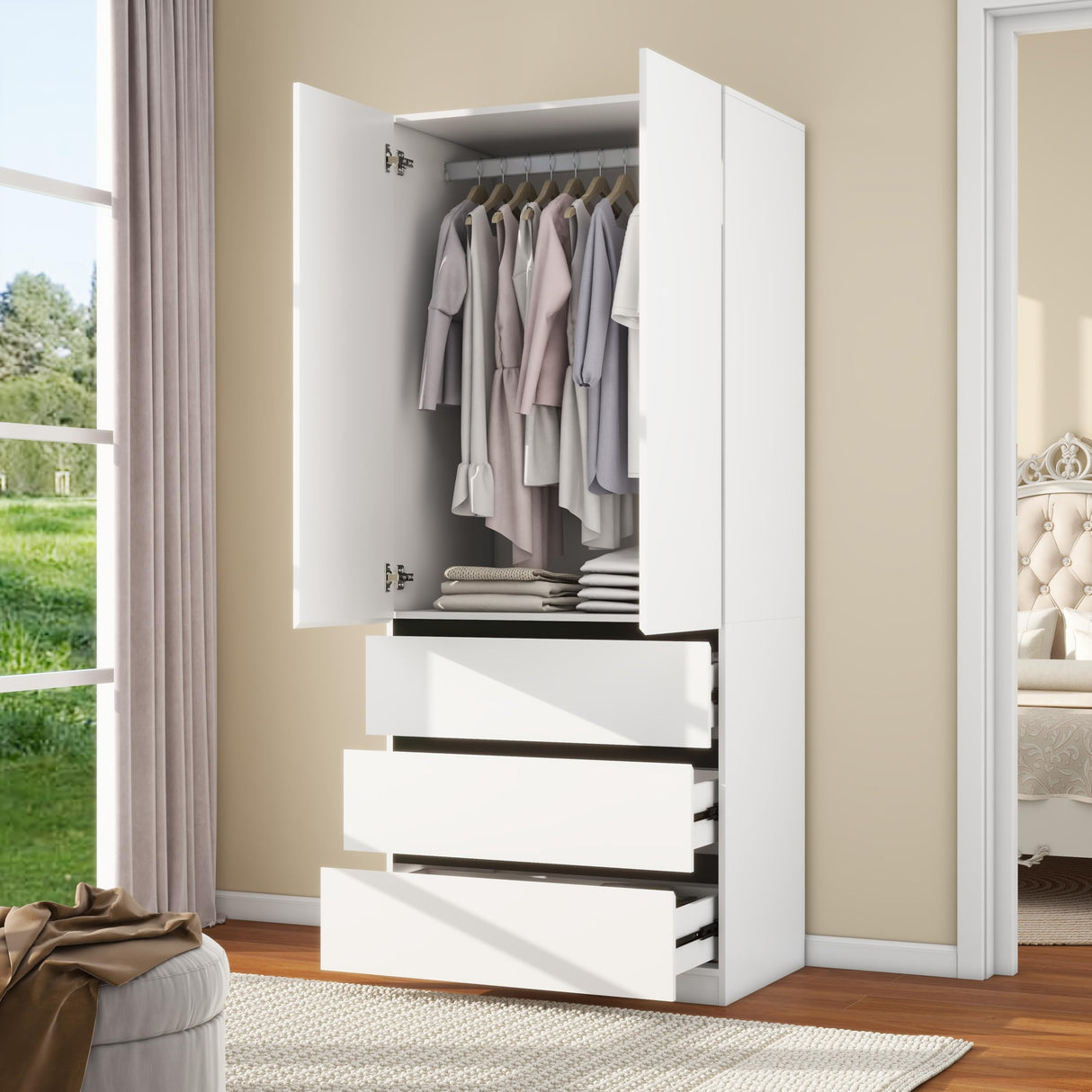 LABROSKIA Wooden Wardrobe Closet with 2 Doors: 75" Bedroom Armoire Wardrobe Closet with 3 Drawers, White Cabinet with Hanging Shelves, Large Storage Cabinet (Modern, 1) LABROSKIA