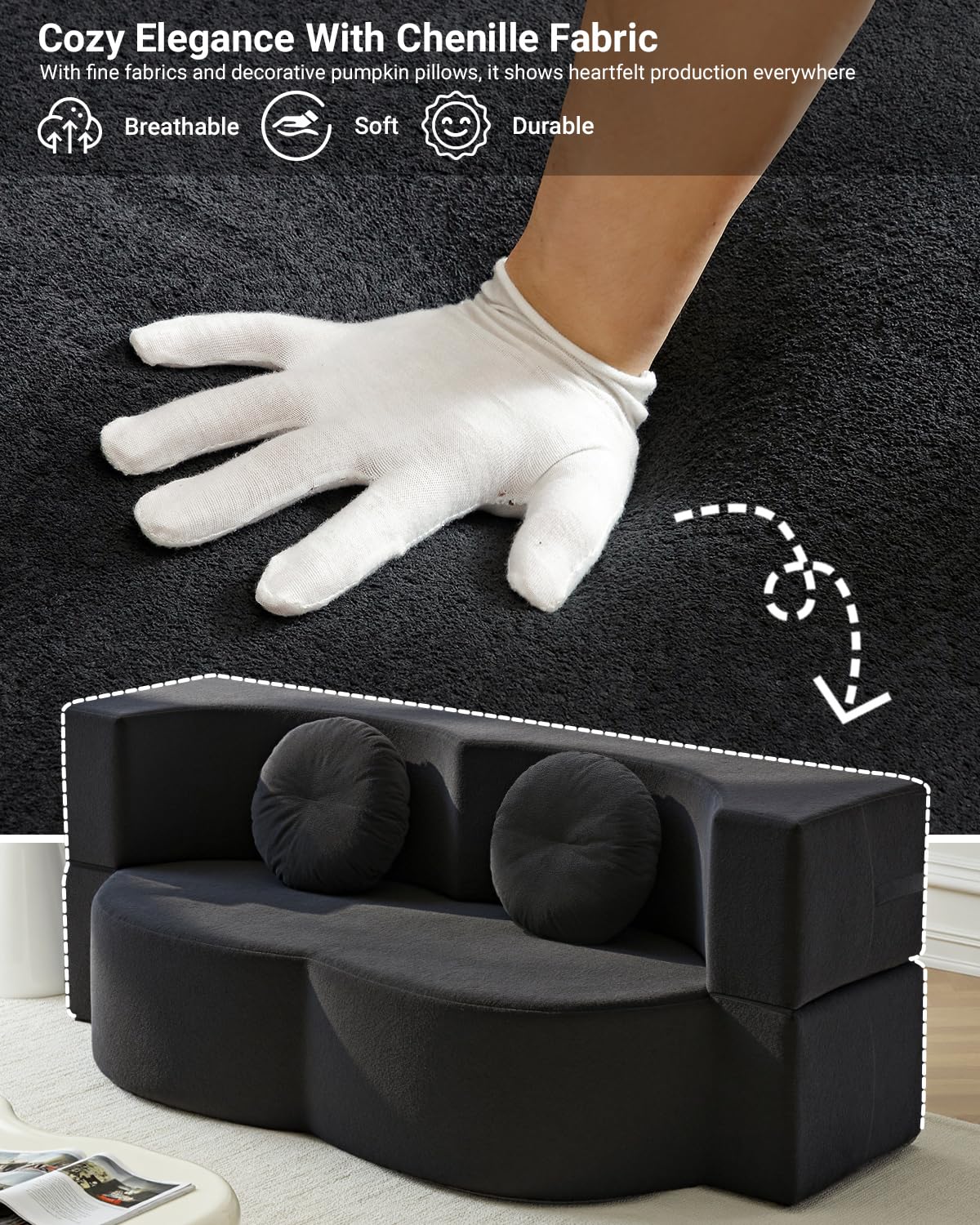 HANXIN Futon Twin Size Sofa Bed, 76 Inch Boneless Couch for Living Room, Floor Loveseat Sleeper with Pull Out Bed, 2-in-1 Folding Convertible Couch Bed for Small Space, Bedroom (Black) HANXIN