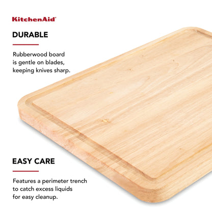 Kitchen Aid Classic Rubberwood Cutting Board with Perimeter Trench, Reversible Chopping Board, 11-inch x 14-Inch, Natural