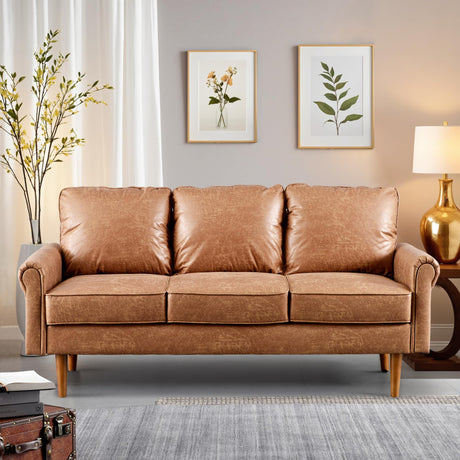 ovios 73.6" Luxury Sofa Couch, 3-Seater Comfy Suede Faux Leather Sofas Couches, Mid-Century Modern Neutral Deep Seat Small Cloud Sofa for Living Room Office, Brown ovios