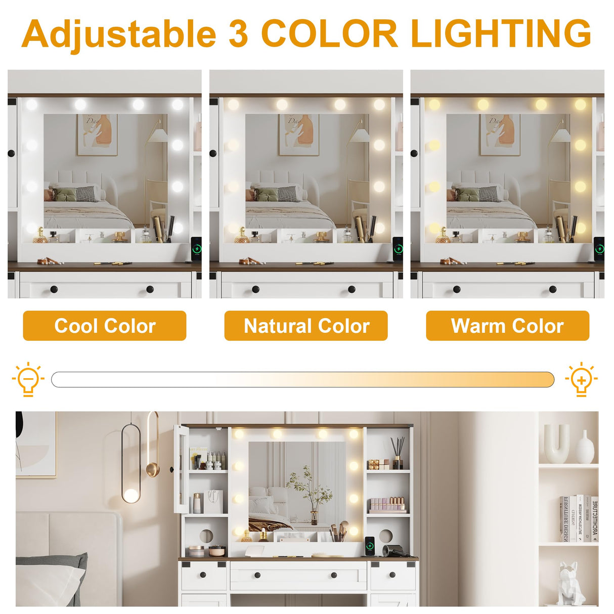 GarveeHome Makeup Vanity and Stool, Vanity Desk with Lights in 3 Colors, White Vanity Table with Charging Station, 6 Drawers and Cabinets GarveeHome