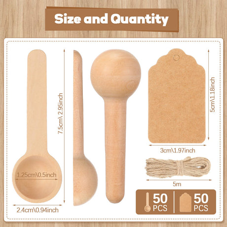 Baderke 50 Sets 3 Inch Mini Wooden Spoons Small Wooden Spoons Disposable Small Spoons for Spice Jars Wood Spoons with Tags and Twine Condiments Honey Sugar Kitchen Cooking Oil Tea Coffee Baderke