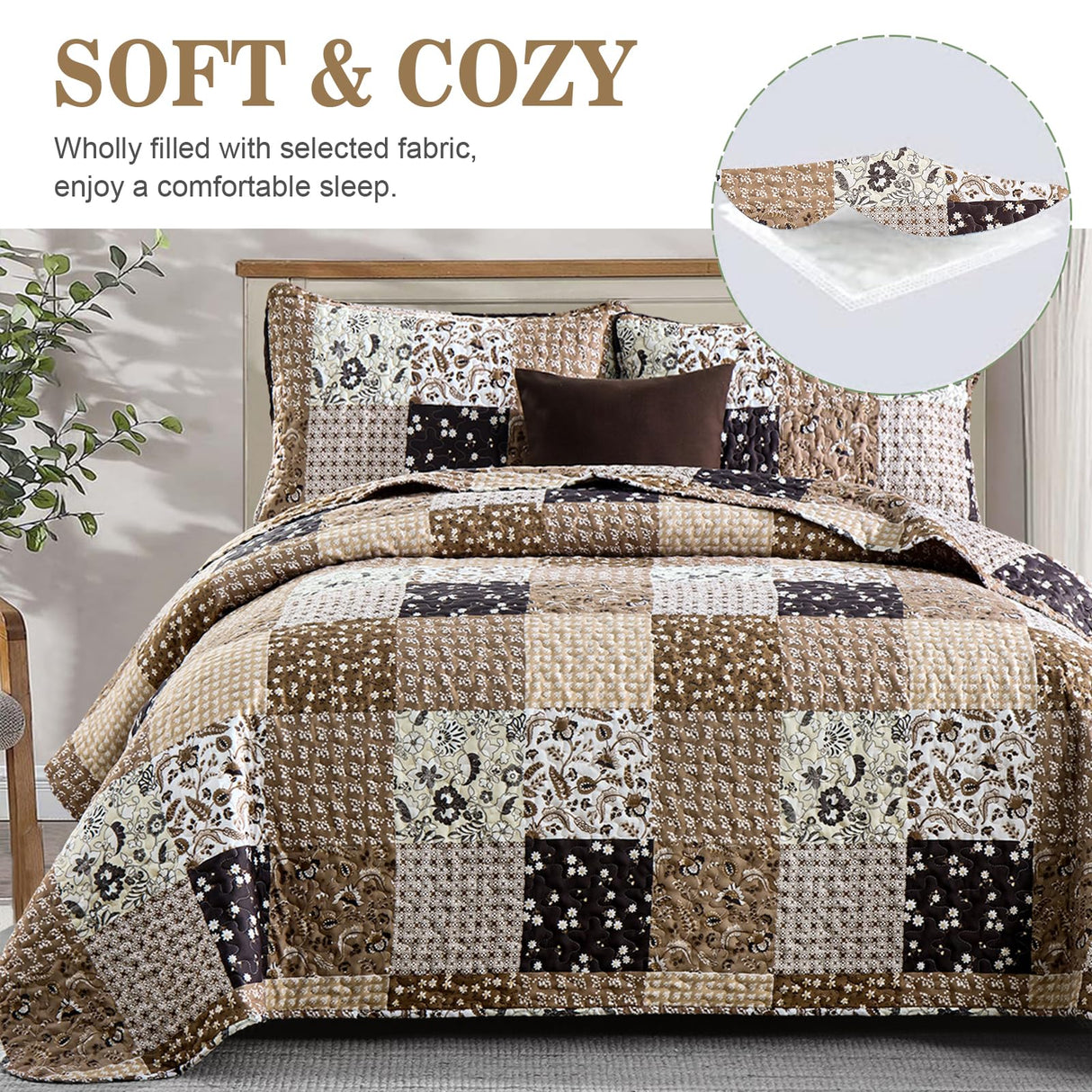 Menghomeus Brown Quilt Set King Boho Patchwork Bedspread Floral Coverlet Reversible Bed Quilt Set All Season Soft Microfiber Bedding Farmhouse Bed Sets, 104"x90" Menghomeus
