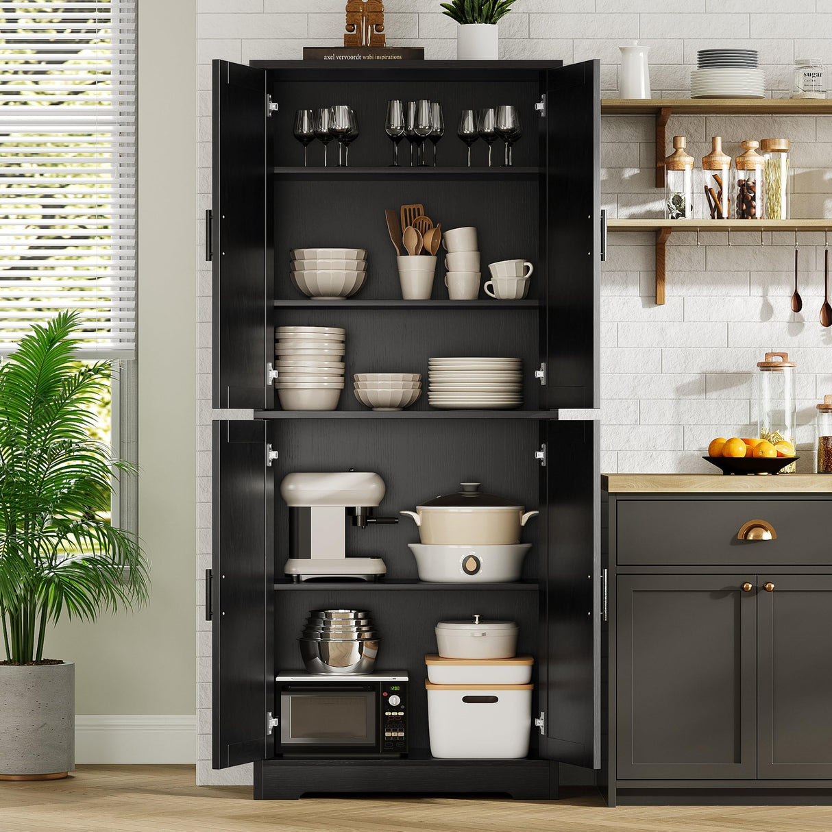 GarveeHome 70 in Tall Kitchen Pantry Cabinet, Freestanding Storage Cabinet with 4 Doors and Adjustable Shelves, Large Utility Hutch Cupboard for Dining Room, Bathroom, Living Room (Black) GarveeHome
