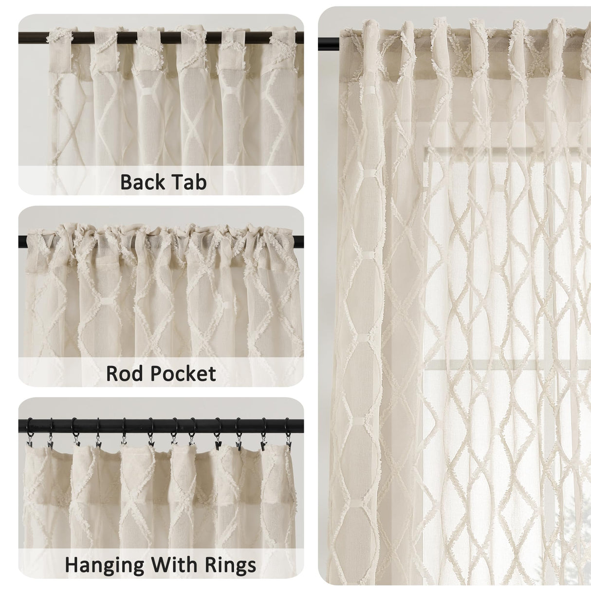 Beige Sheer Curtains 84 Inches Long for Living Room Rod Pocket Back Tab Sand Taupe Tan Semi Sheer Curtain Geometric Embroidered Tuft Pom Textured Drapes Earth Tone Farmhouse Rustic Bedroom Nursery Hokibero