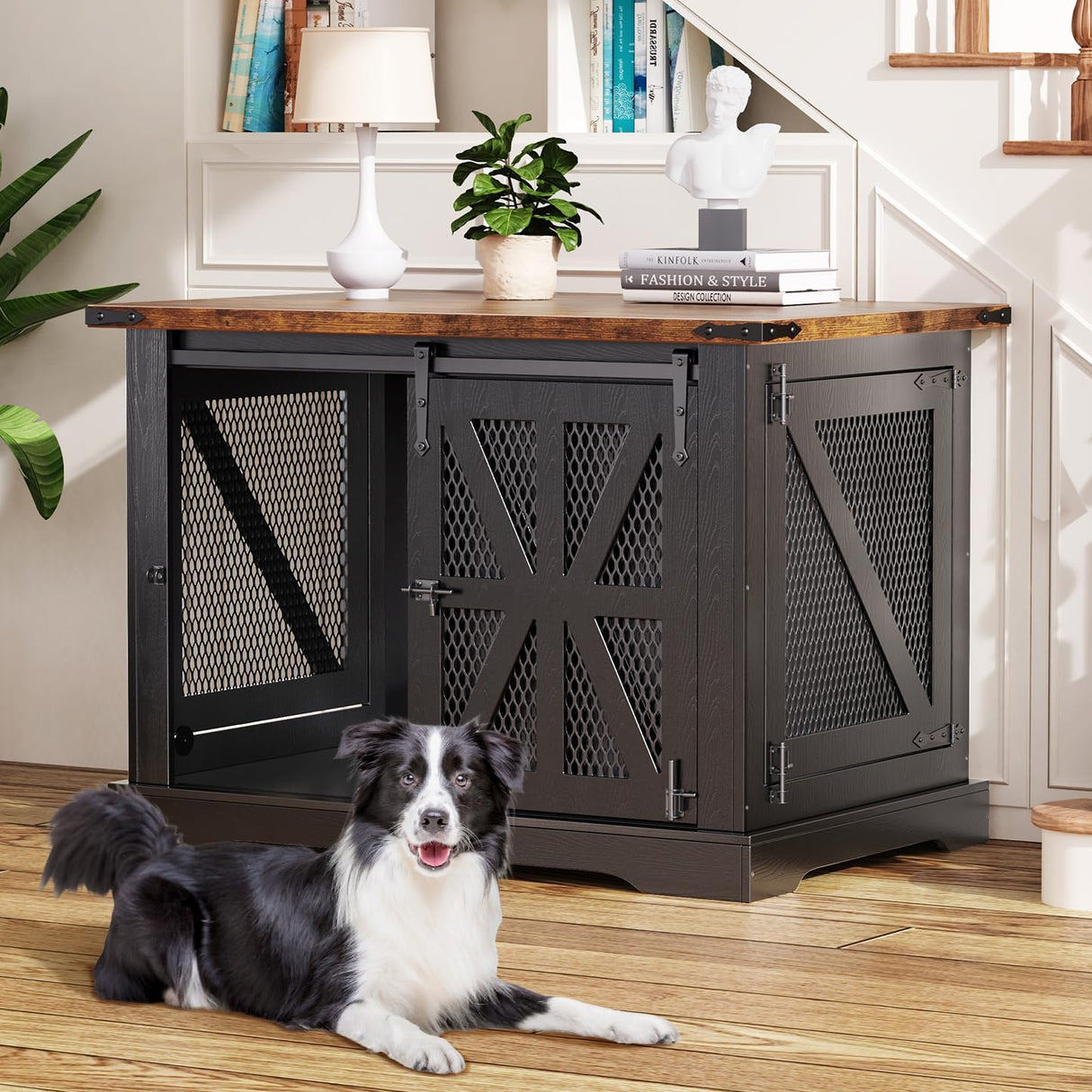 VOPEAK Farmhouse Dog Crate Furniture, Heavy Duty Large Dog Crate for Medium Large Dogs, XL Dog Crate Dog Kennel Indoor with Double Doors, Chew Resistant End Table for Bedroom Living Room, Black VOPEAK