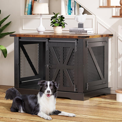 VOPEAK Farmhouse Dog Crate Furniture, Heavy Duty Large Dog Crate for Medium Large Dogs, XL Dog Crate Dog Kennel Indoor with Double Doors, Chew Resistant End Table for Bedroom Living Room, Black