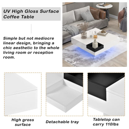 LUMISOL White Coffee Table with LED Lighting, 31.5 in Modern Square Storage Table with Detachable Tray and Plug-in 16-color LED Strip Lights Remote Control, for Living Room - WoodArtSupply