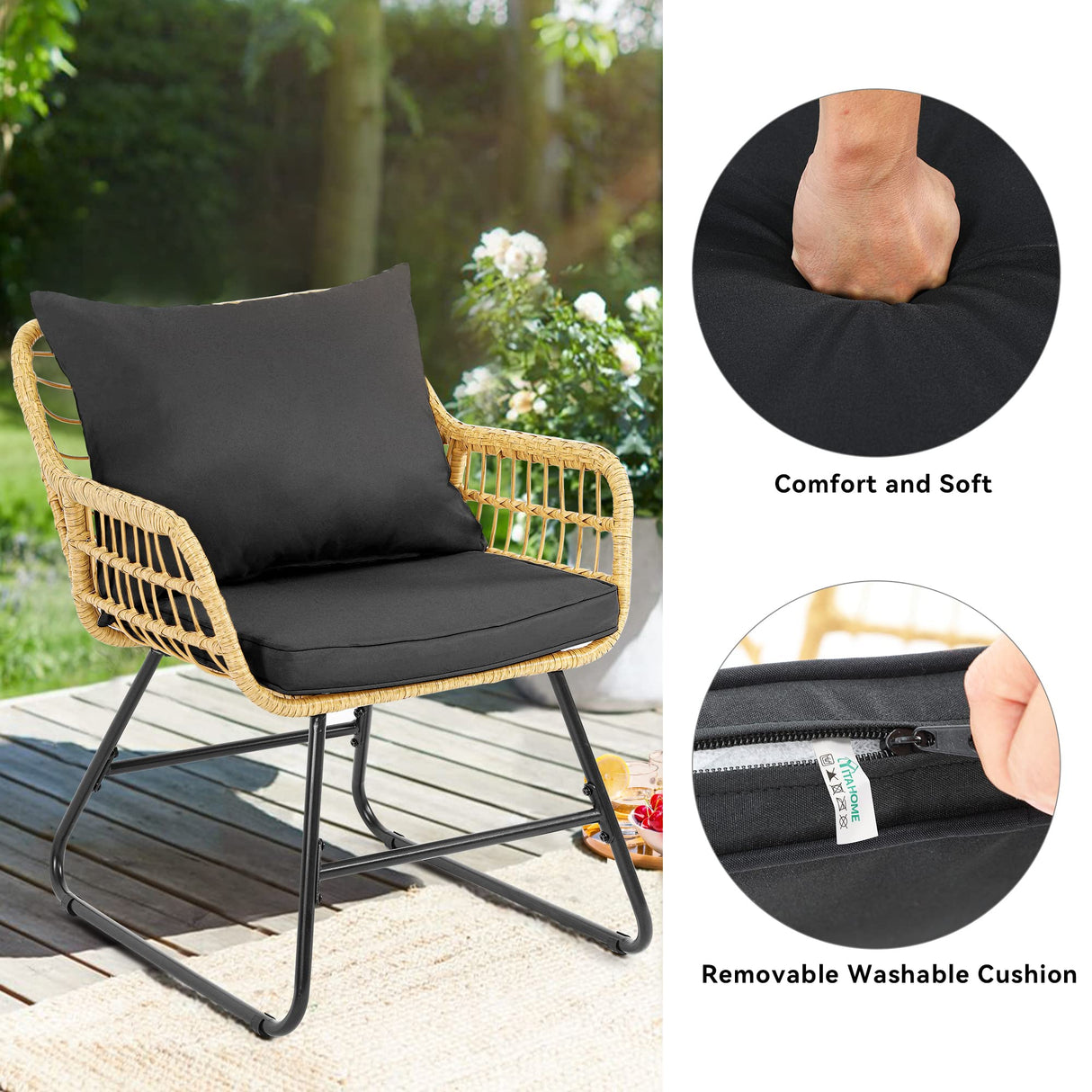 YITAHOME 4-Piece Patio Furniture Wicker Outdoor Bistro Set, All-Weather Rattan Conversation Loveseat Chairs for Backyard, Balcony and Deck with Soft Cushions and Metal Table (Light Brown+Black) YITAHOME