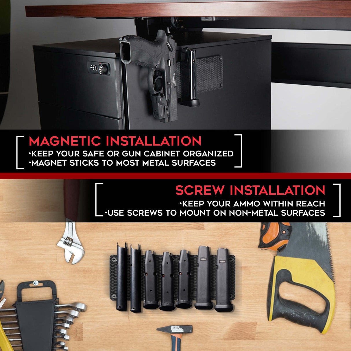 Keeper MG Magnetic Ammunition Holder for Gun Magazines and Clips, Organize Mount in Your Gun Safe, Locker Cabinet, Vault, Ultimate Ammo Storage Accessories for Handgun, Oistol and Rifle Mags, Black KEEPER MG