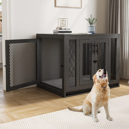 Furniture Style Dog Crate with Tray and Cushion, Double Doors Wooden Dog Kennel End Table, Decorative Pet Crate House Cage Indoor for Small Medium Dogs - WoodArtSupply