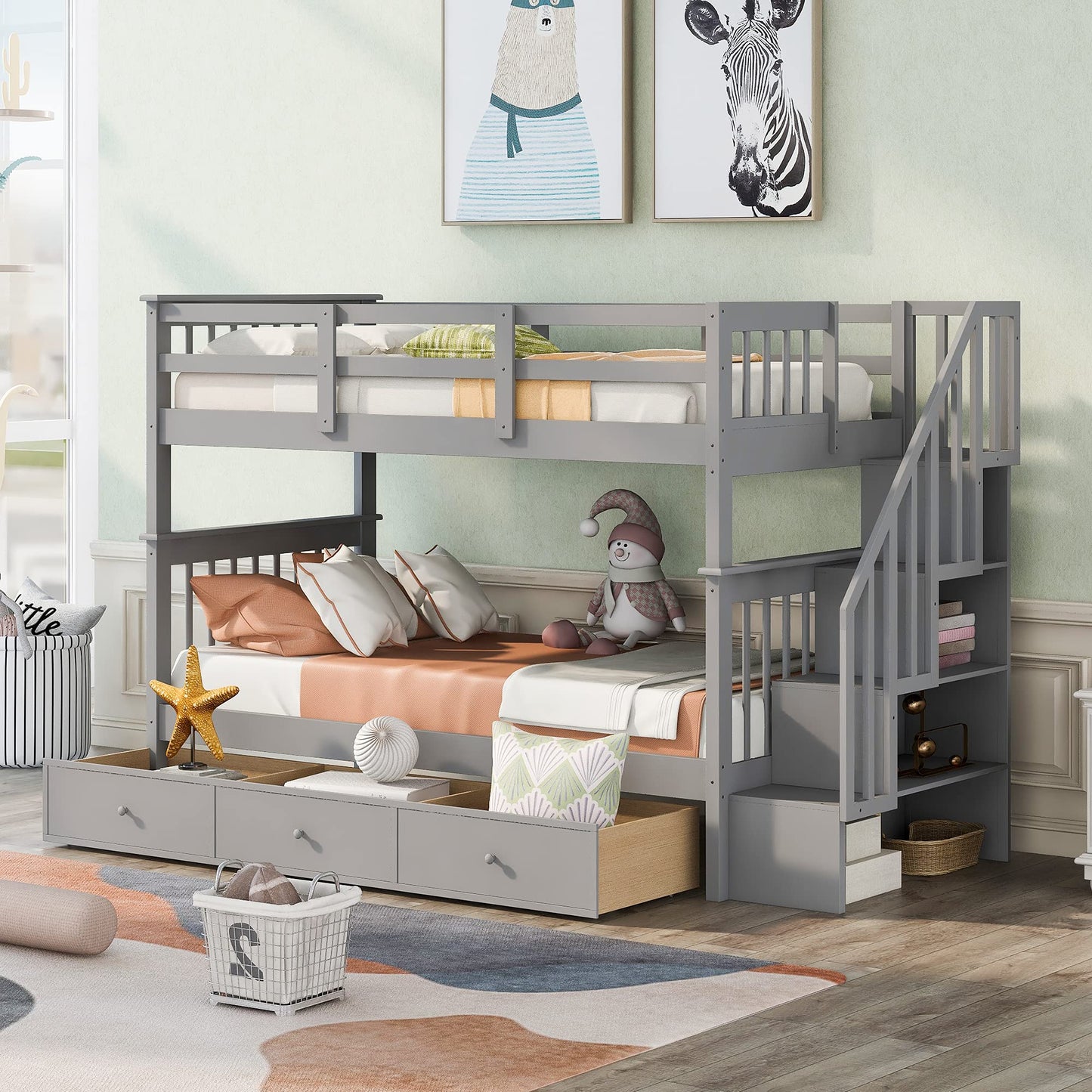 Harper & Bright Designs Twin Over Twin Bunk Bed with Stairs & Guard Rail,Twin Size Bunk Bed with Storage Drawers,Wood Bunk Bed Frame for Bedroom, Dorm, Kids, Teens, Adults (Twin, Gray)