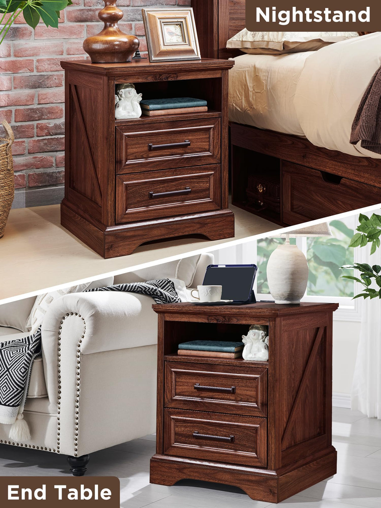 ACCOHOHO 18" Farmhouse Nightstand with Charging Station,End Table with 2 Drawers Storage,Side Table,Bedside Cabinet for Bedroom,Living Room,Brown ACCOHOHO