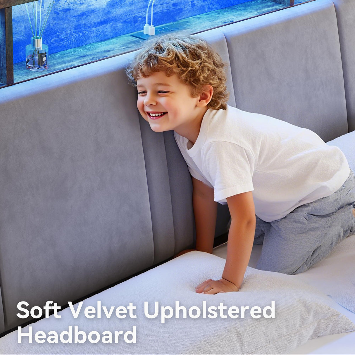 Queen Size Bed Frame with Ergonomic Storage Headboard, Solid Metal Platform Bed Frame with Charging Station and LED Light, Easy Assembly, No Box Spring Needed, Noise Free, Modern Grey Susalt