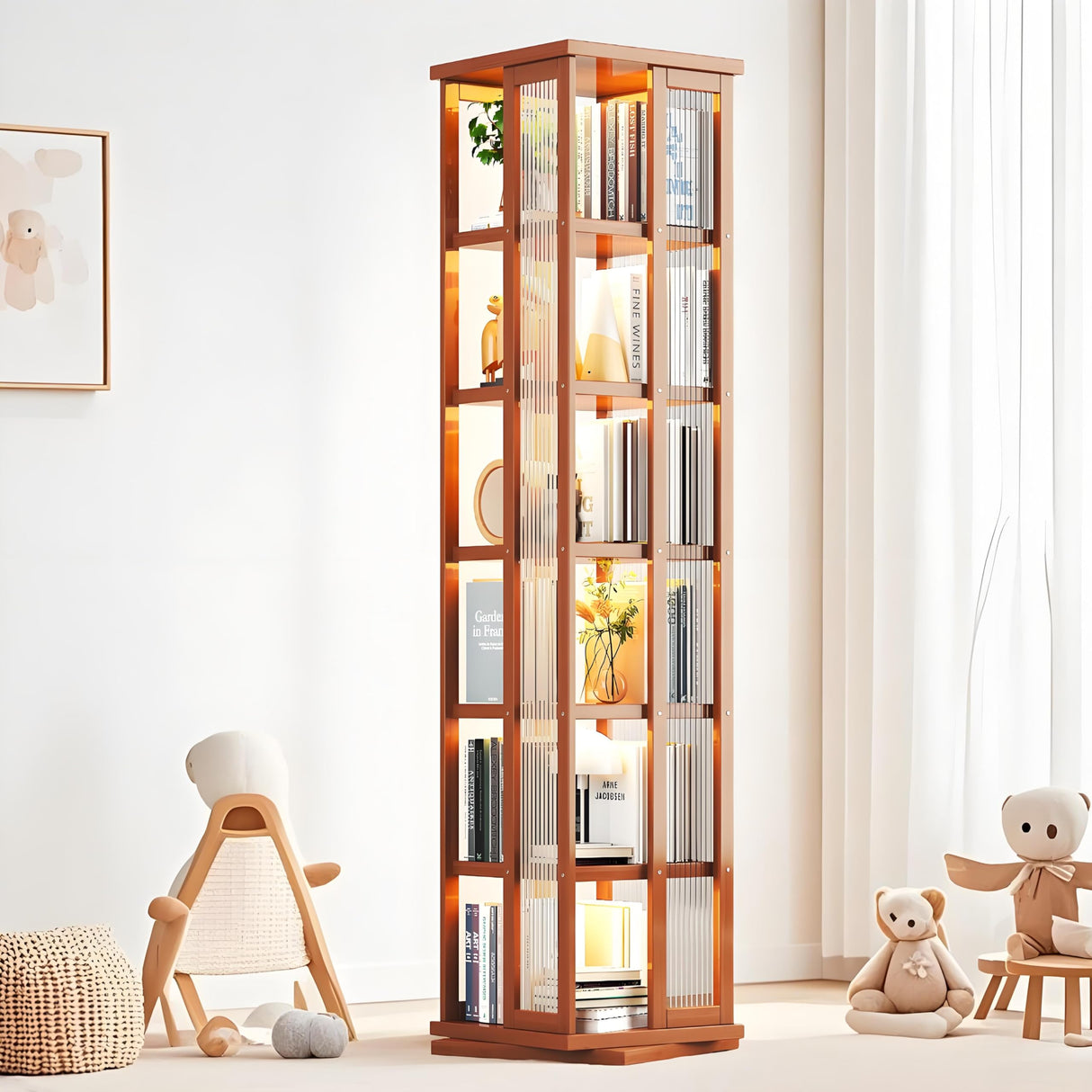 idhhco 6 Tier Rotating Bookshelf, 360° Spinning Book Shelf Tower, Bamboo, Bookshelf Floor Standing Storage Rack, Narrow Book Storage Shelf for Kids&Adults, Living Room, Bedroom, Study, Balck, Brown idhhco