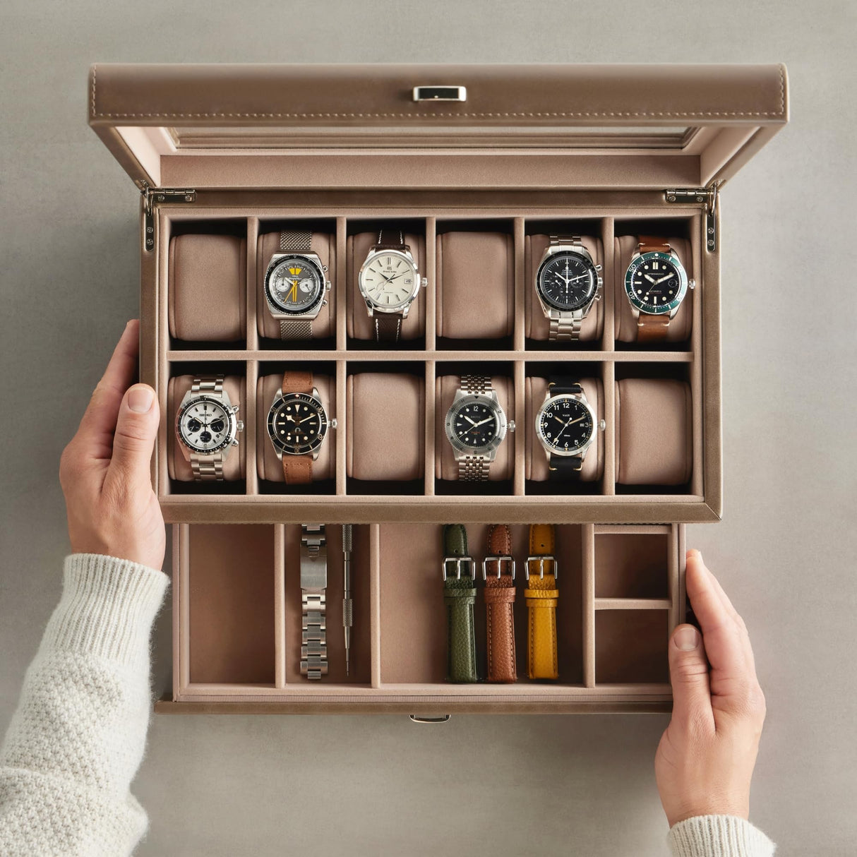 TAWBURY 12 Slot Watch Box with Storage Drawer – Premium Watch Storage Case for Men & Women | Handcrafted from PU Leather & Engineered Wood | Wrist Watch Display Case (Taupe) TAWBURY