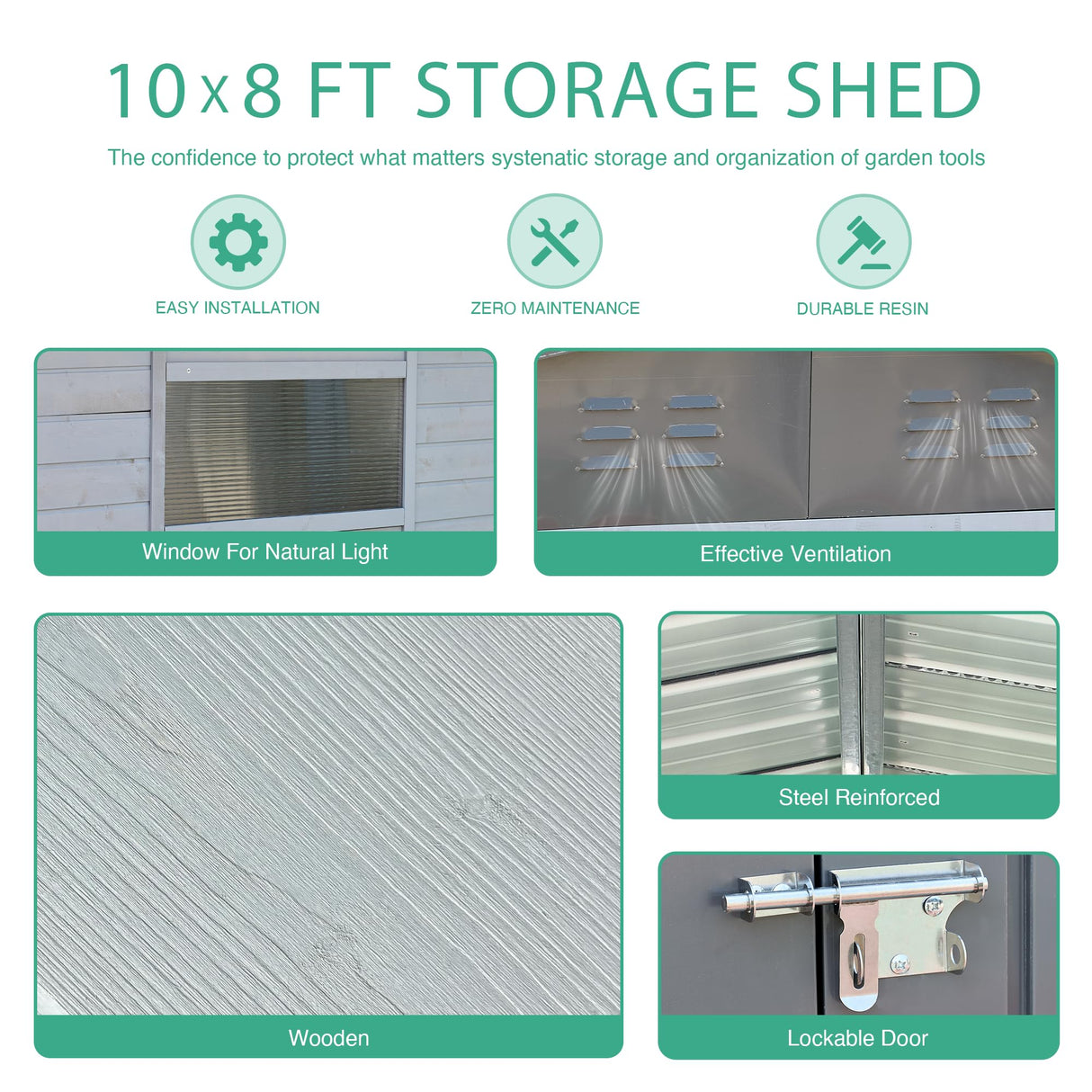 FammyLoft 8x10 FT Outdoor Storage Shed with Windows, Wood & Metal Garden Shed, Outside Storage Shed Waterproof for Backyard, Garden, Patio, 4 Vents (Without Floor) Gray FammyLoft