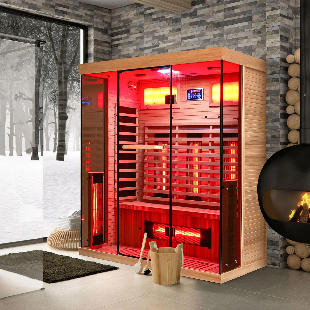 BNEHS Far Infrared Sauna,2-3 Person Home Sauna with Himalayan Salt Brick,Indoor Sauna Spa Room with Rapid Heating,Panoramic Tempered Glass&Oxygen Bar,220V BNEHS
