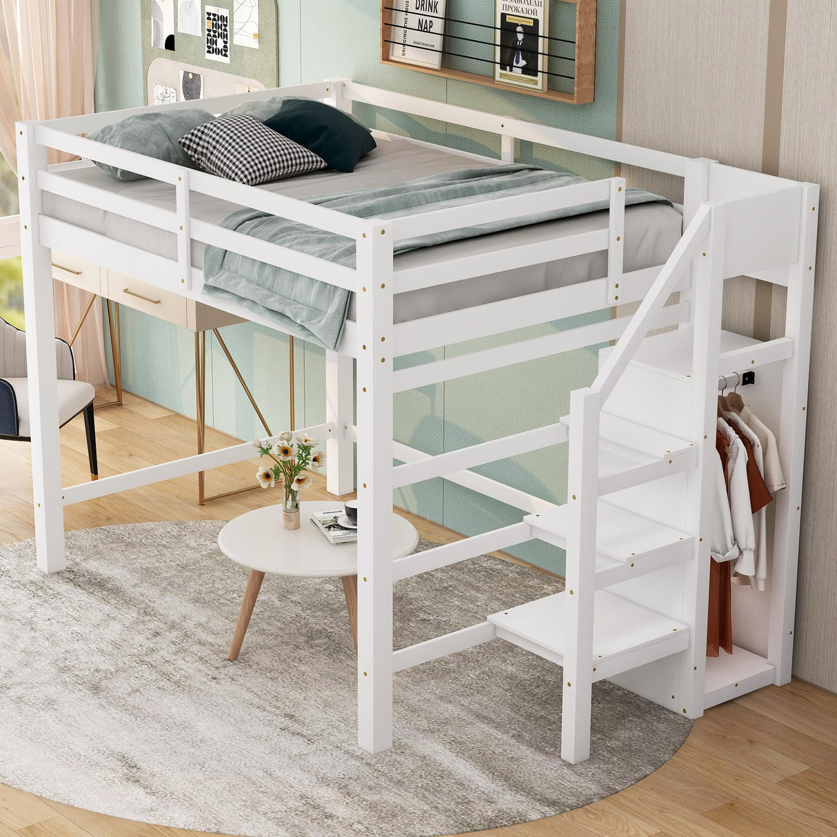 Harper & Bright Designs White Full Loft Bed with Storage Staircase and Wardrobe for Kids Harper & Bright Designs