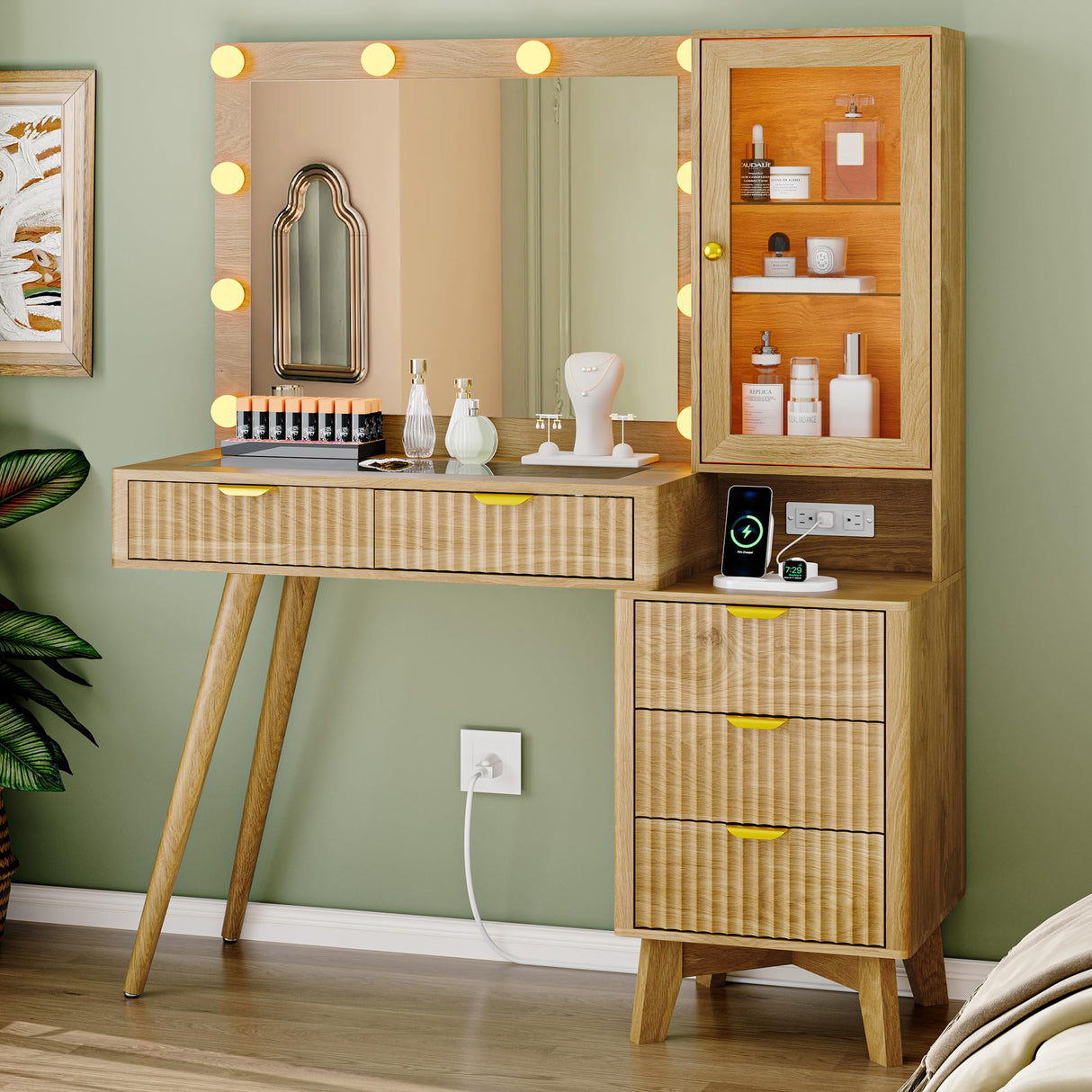 Fluted Vanity Desk with Mirror and Lights, 45" Glass Top Makeup Table Set with 5 Drawers, Power Outlet & Storage Cabinet, Large Dressing Table with RGB Ambient Light for Bedroom Women Girls, Oak Xixini