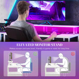 HOMCOM 61" Computer Desk with LED Lights, Power Outlets, and USB Ports, Gaming Desk with Storage Shelves, Monitor Stand, Fabric Drawers & Remote for Home Office Study, Distressed White HOMCOM