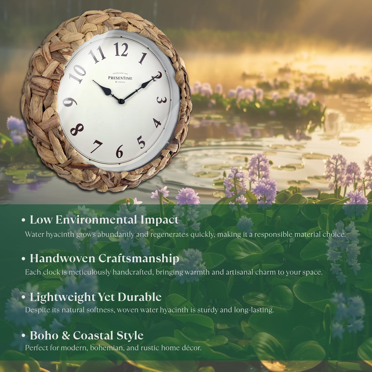 Presentime & Co Farmhouse Series, Rustic Woven Clock, 10.5 inch, Natural Woven Water Hyacinth/Sea Grass. Wall Sculpture, Wall Art and Timepiece for Home Decoration/Decoration/Farmhouse Décor. Presentime