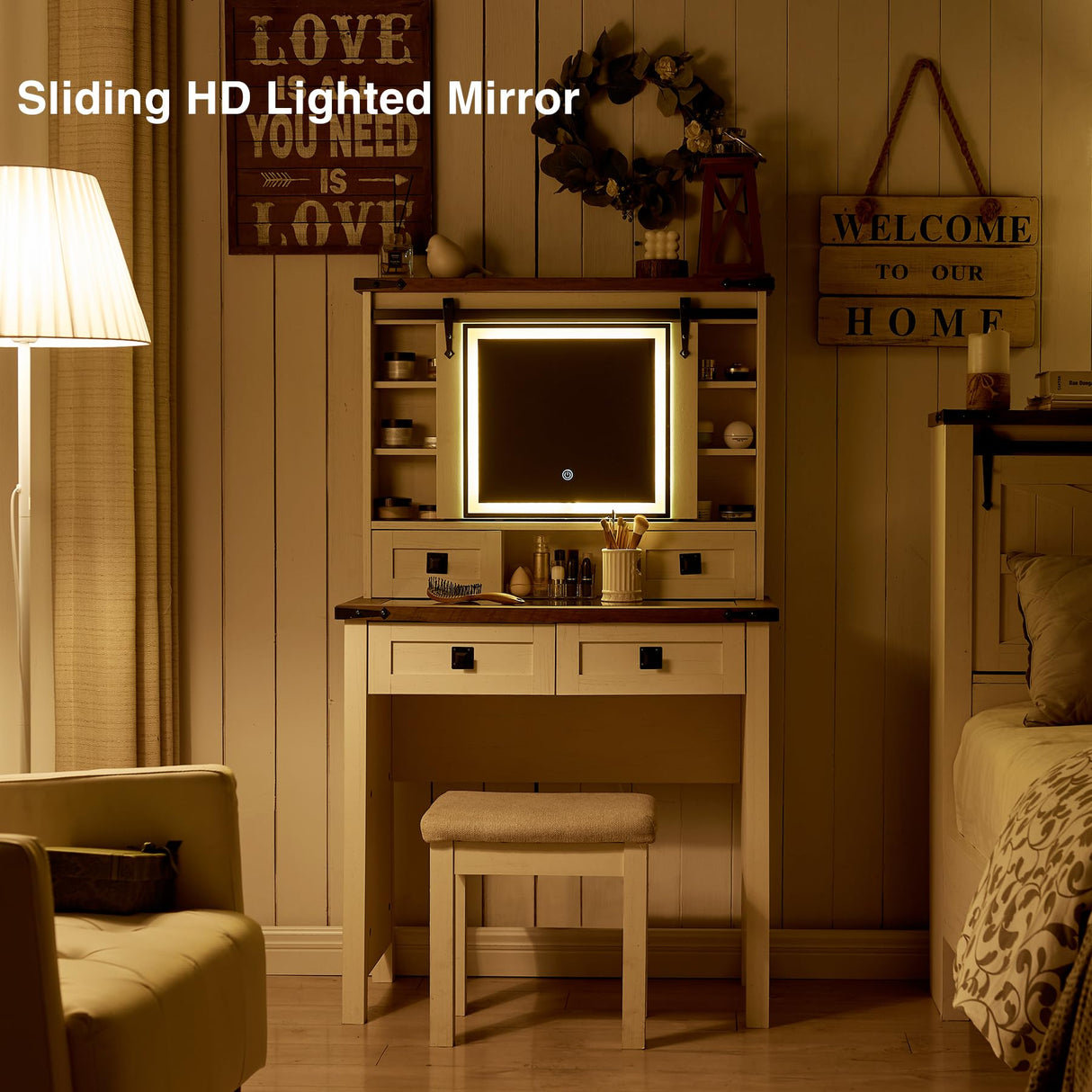 T4TREAM Farmhouse Makeup Vanity Desk with Sliding Mirror and Lights, 31.2'' Glass Tabletop White Vanity Table with 2 Drawers & Shelves, Rustic Vanity Set for Bedroom, Stool Included, Antique White T4TREAM