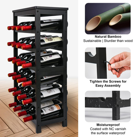 VASMIA Wine Rack Freestanding Floor, 6-Tier Display Wine Storage Shelves with Table Top, 24-Botttle Bamboo Wine Rack Shelf for Kitchen Bar Dining Room Living Room, Black VASMIA