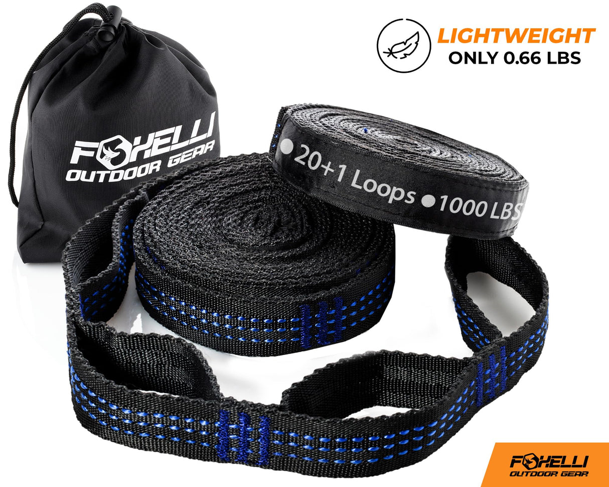 Foxelli XL Hammock Straps - Extra Long 20FT Heavy Duty No-Stretch Suspension System, 40+2 Loops, 2000 LBS Capacity, for Indoor/Outdoor Use – Set of 2 Straps & Carry Bag Foxelli