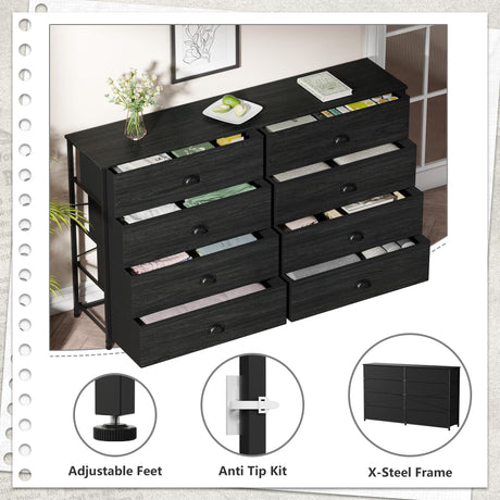 Furnulem Wide Dresser with 8 Fabric Drawers, TV Entertainment Center with Storage for 55'' TV, Large Chest of Drawers for Bedroom, Living Room, Dorm, Closet, Entryway, Wood Top (Black Oak) Furnulem