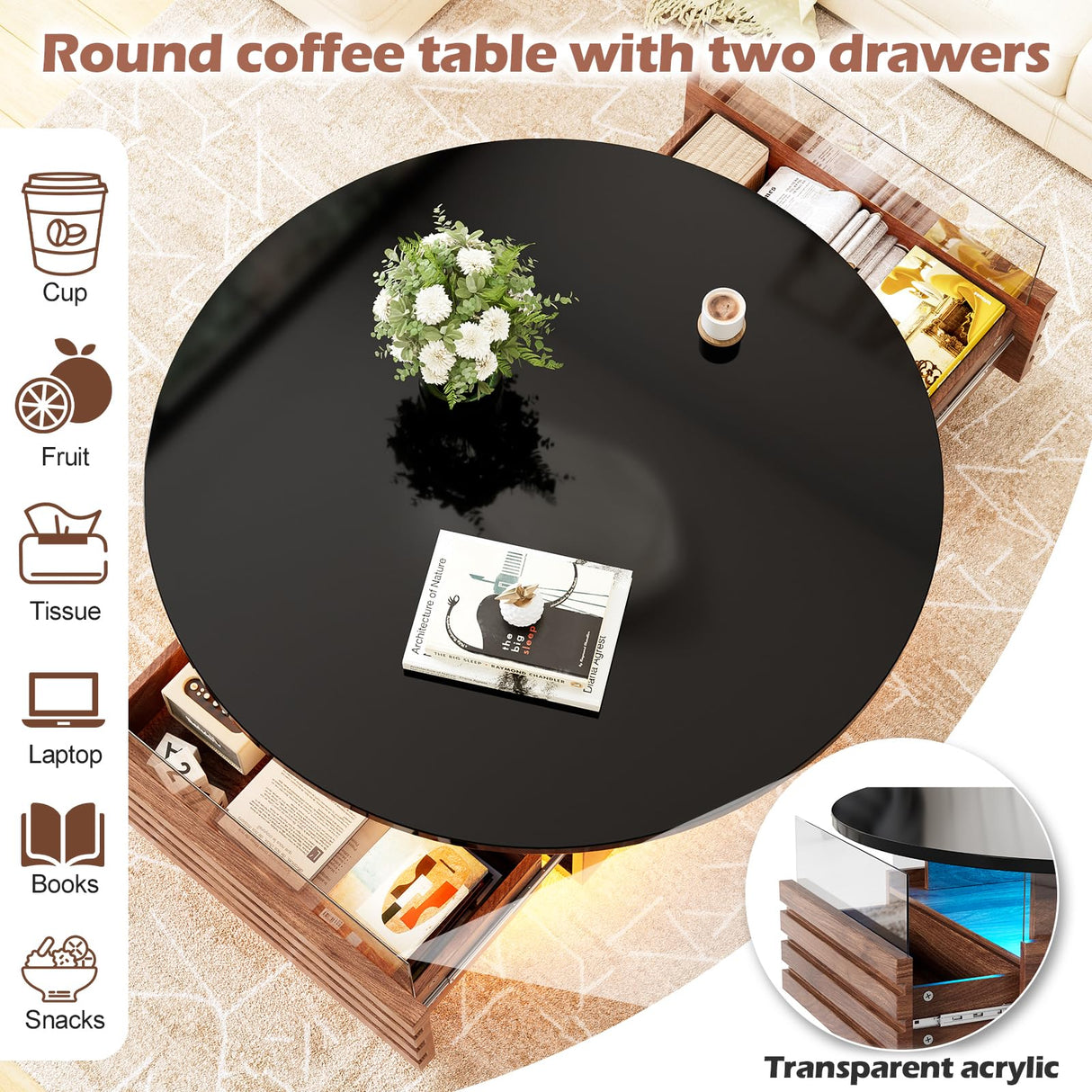 PAKASEPT 31.5" Black Round Coffee Table with LED Light, Modern LED Coffee Tables with 2 Sliding Drawers, Wood Center Table for Reception Home Dining Room PAKASEPT