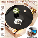 PAKASEPT 31.5" Black Round Coffee Table with LED Light, Modern LED Coffee Tables with 2 Sliding Drawers, Wood Center Table for Reception Home Dining Room PAKASEPT