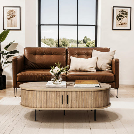 LuxenHome Oval Coffee Table with Storage, 47" Mid Century Modern Fluted Coffee Tables for Living Room, Wooden Sliding Door Boho Storage Center Table for Home, Office LuxenHöme