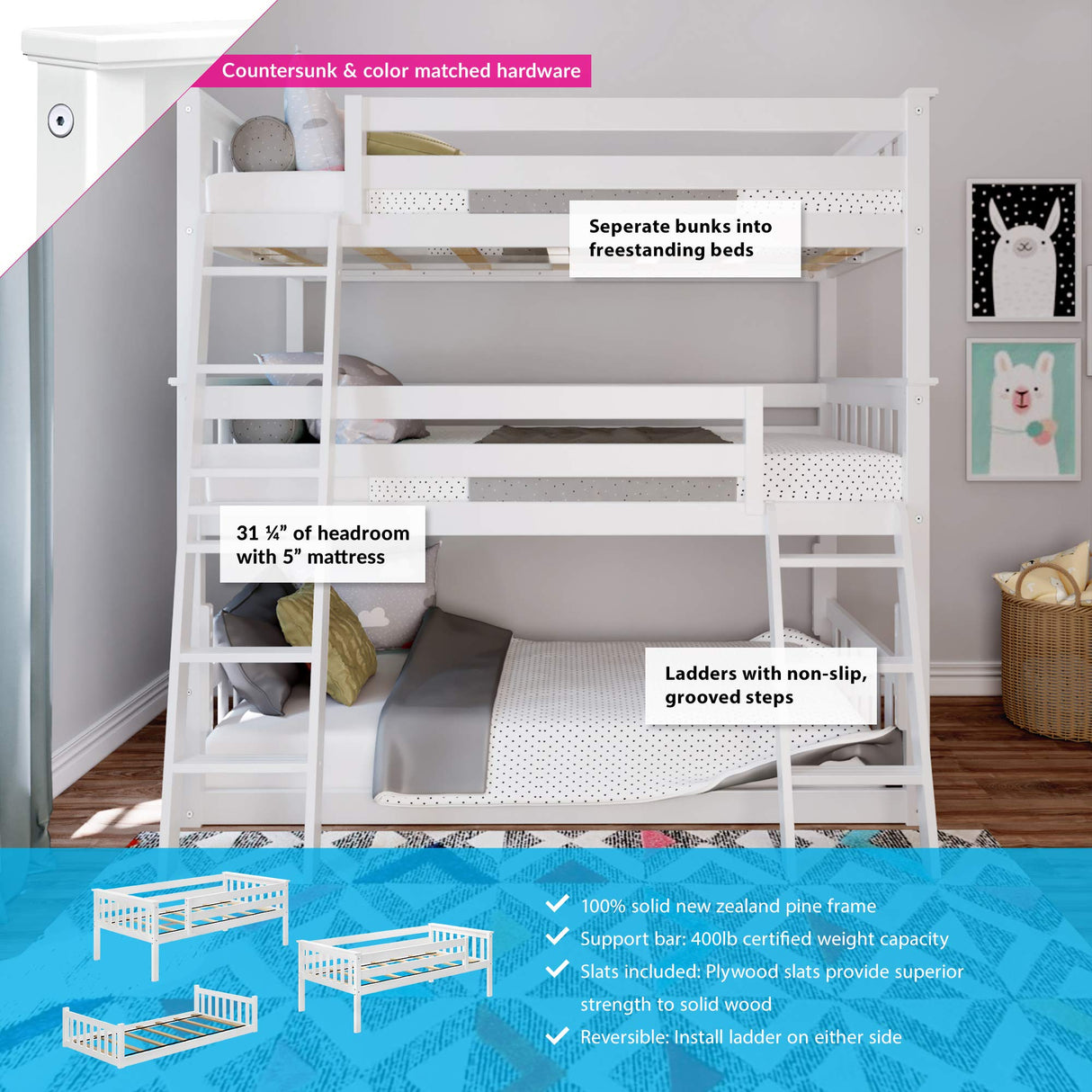 Max & Lily Triple Twin Bunk Bed, Solid Wood Bed Frame For Kids, No Box Spring Needed, Easy Assembly, White Max & Lily
