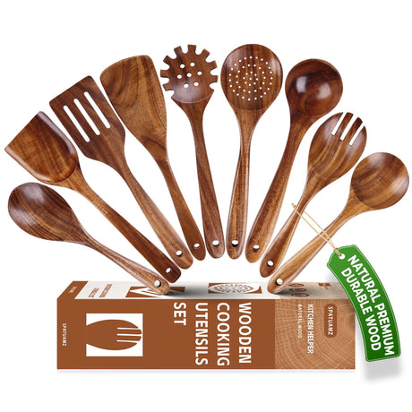 Natural Teak Wooden Kitchen Utensil Set, Handmade Wooden Utensils for Cooking, Premium Wooden Spoon and Spatula Set for Any Kitchen SPATUAMZ
