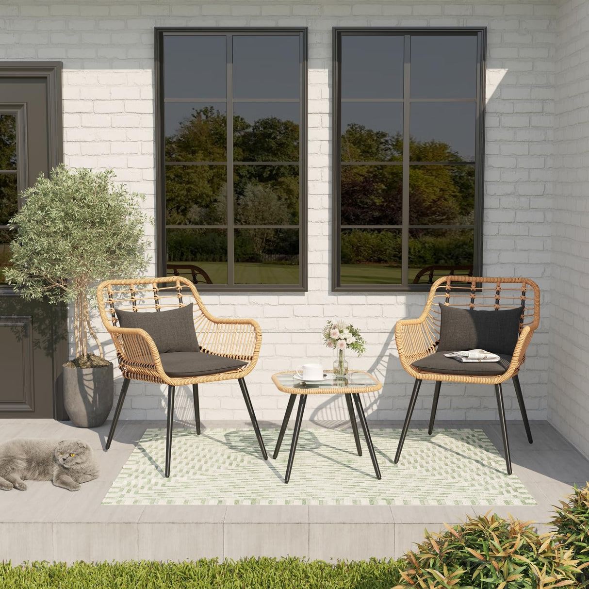 Verano Garden 3 Piece Patio Bistro Set, Outdoor Wicker Conversation Chair Sets Balcony Furniture,Coffee Table with Glass Top, Cushions & Lumbar Pillows for Porch, Backyard, Deck, Poolside Verano Garden