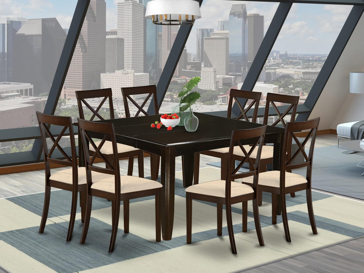 East West Furniture PFBO9-CAP-C 9 Piece Dining Table Set Includes a Square Wooden Table with Butterfly Leaf and 8 Linen Fabric Dining Room Chairs, 54x54 Inch, Cappuccino East West Furniture