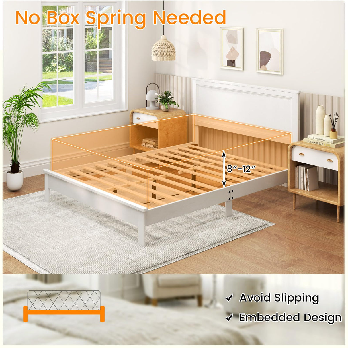 KOMFOTT Queen Size Wood Platform Bed Frame with Headboard, Wooden Mid Century Platform Bed with Slat Support & Under Bed Storage, Mattress Foundation Bed Base, No Box Spring Needed, White KOMFOTT
