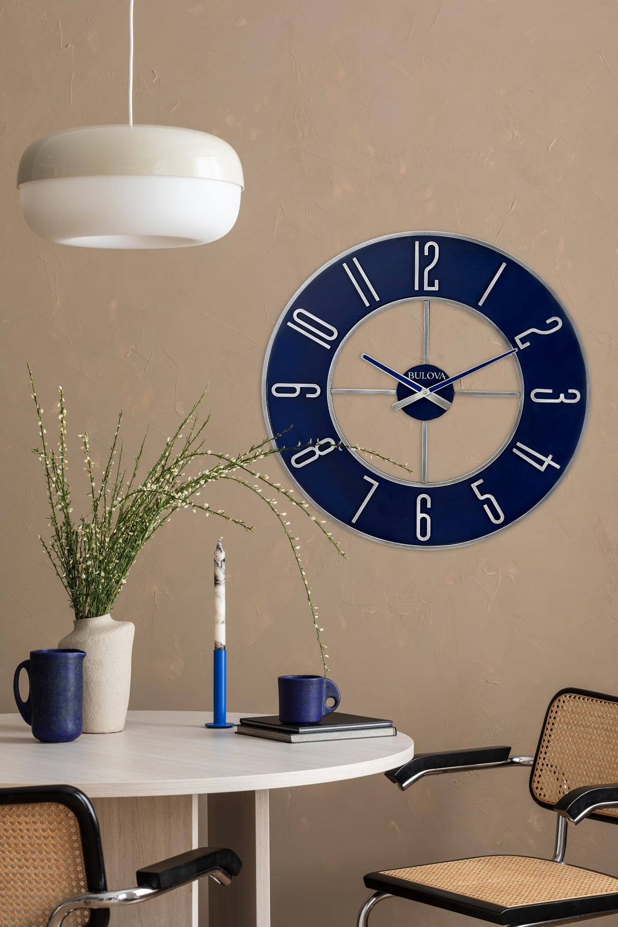 Bulova Steel Oversize Wall Clock, 27", Silver and Blue Bulova