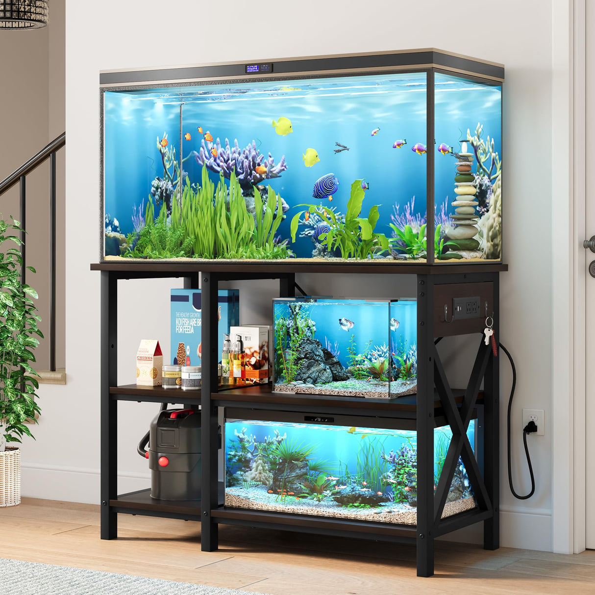 YITAHOME 40-50 Gallon Fish Tank Stand with Power Outlet, 40x18 Inch Metal Aquarium Stand with 3-Tier Adjustable Storage Shelves and Hooks, 700LBS Capacity, Black YITAHOME
