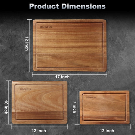 Wood Cutting Boards Set of 3 for Kitchen, Large Wooden Cutting Board with Juice Groove, Charcuterie Board, Chopping Board for Meat, Cheese, Fruits, and Vegetables (17x12, 12x10, 12x7 inch) HAONEYS