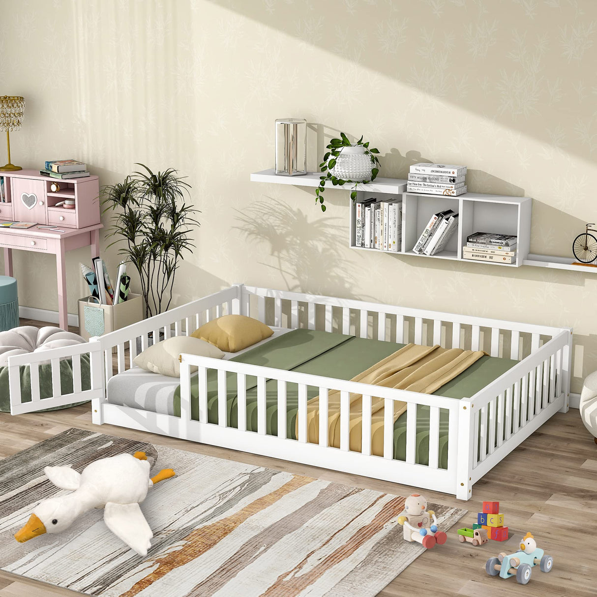 Durable Montessori Full Floor Bed with Safety Fence & Door for Kids in White LLS