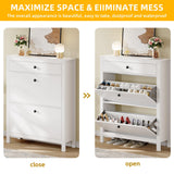 DWVO Narrow Shoe Cabinet with 2 Flip Drawer Slim White Shoe Storage Cabinet with Drawer, Adjustable or Removable Hidden Shoe Rack Free Standing Shoe Cabinet Organizer for Entryway, Hallway DWVO
