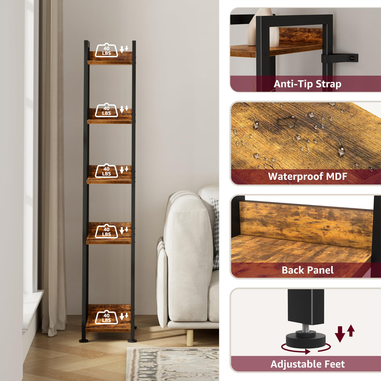 KLUVIS Narrow Ladder Shelf for Small Spaces - 5 Tier Thin Bookshelf Skinny Book Shelves Slim Bookshelves 60 inch Tall, Farmhouse Brown (02BN) KLUVIS