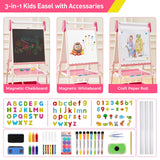 FUNLIO Kids Art Easel, 3 Height Adjustable for Kids Aged 2-8, Toddler Easel with Paper Roll, Anti-Warp & Magnetic Chalkboard/Whiteboard, All-in-One Standing Easel with Erasable Frame (Pink) FUNLIO