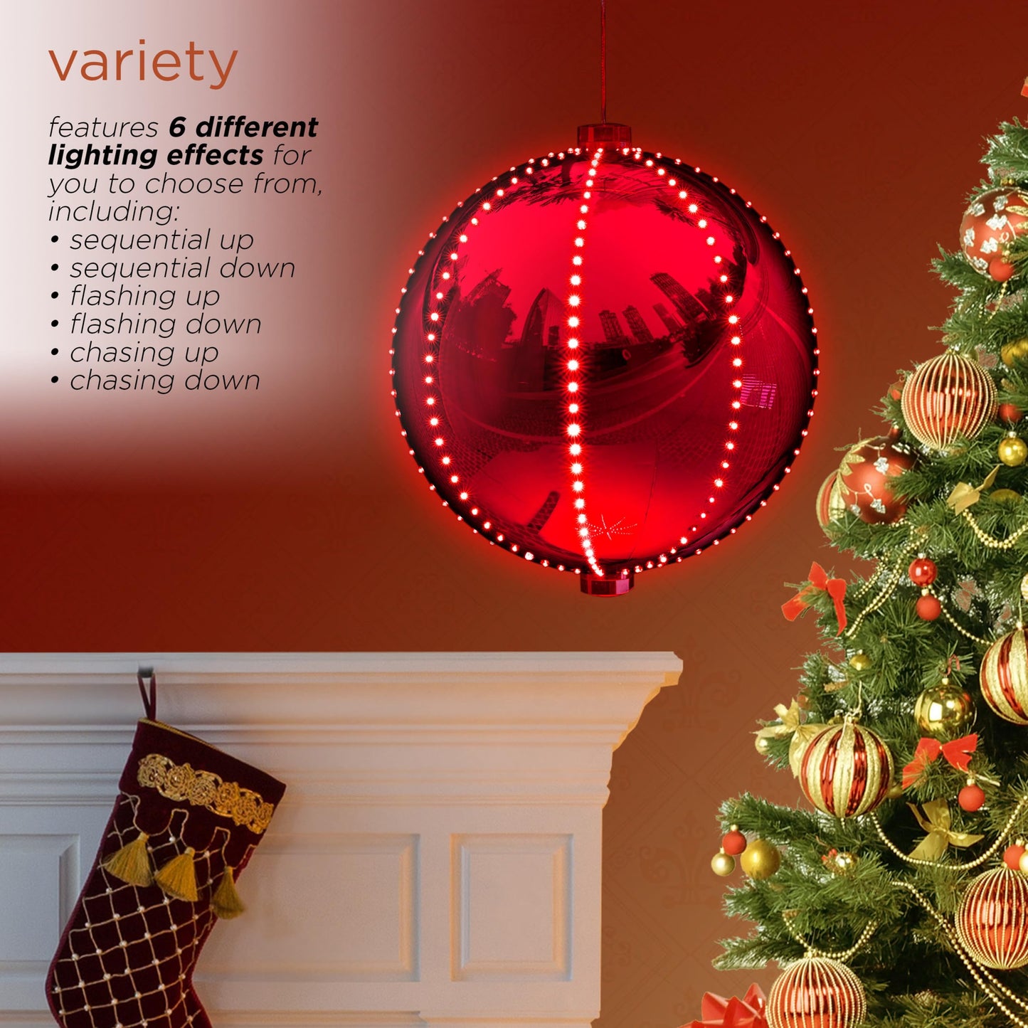 Alpine Corporation 13"H Indoor Large Hanging Christmas Ball Ornament with LED Lights, Red