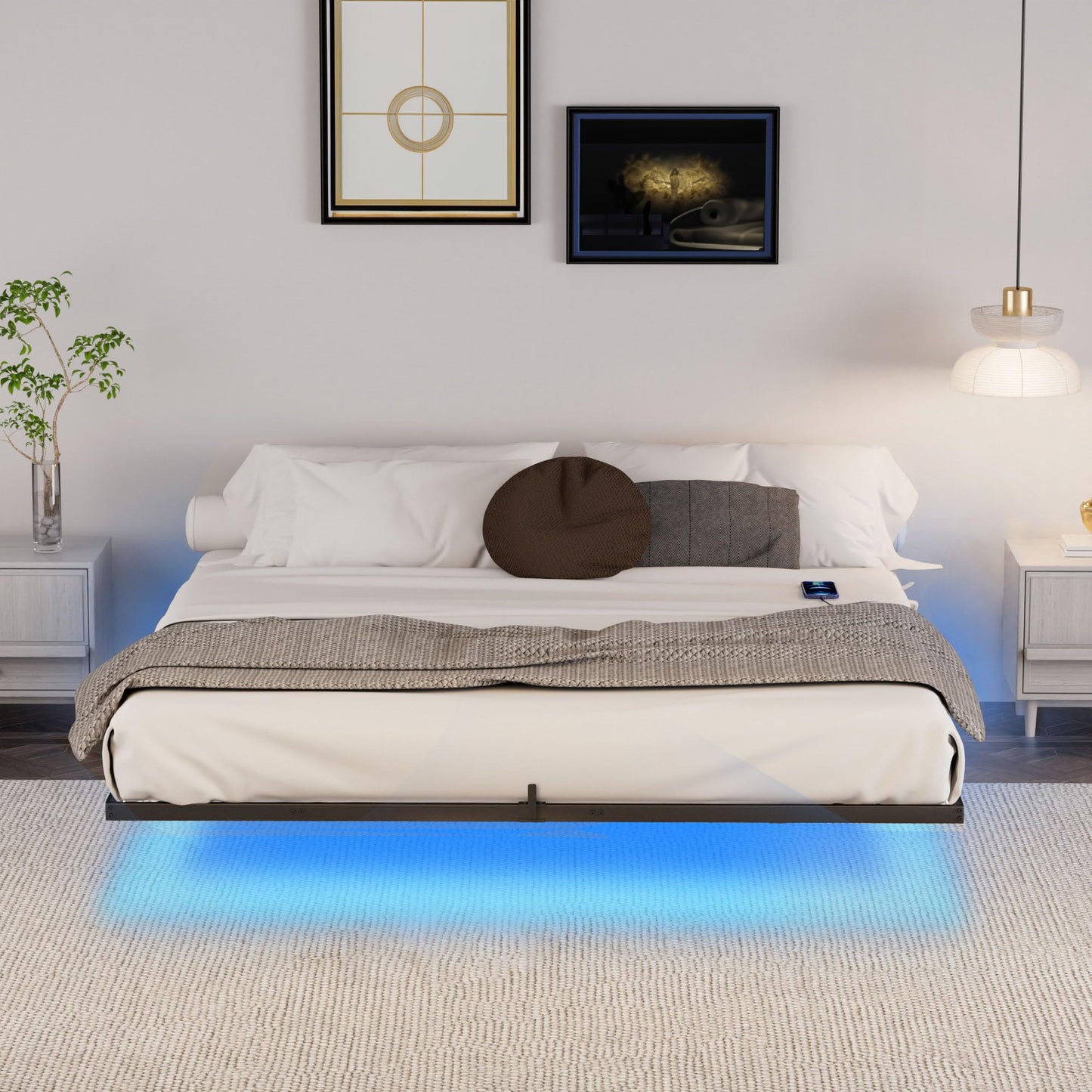 Mdhitsox King Floating Bed Frame with LED Lights, Charging Station & Storage Bag - WoodArtSupply