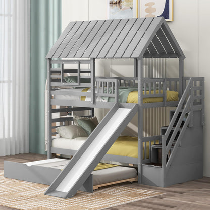 VilroCaz Twin Over Twin House Bunk Bed with Trundle and Slide, Solid Wood Bunk Bed with Storage Staircase and Full-Length Guardrails, House Play Design for Kids, Easy Assembly (Gray) (Gray)