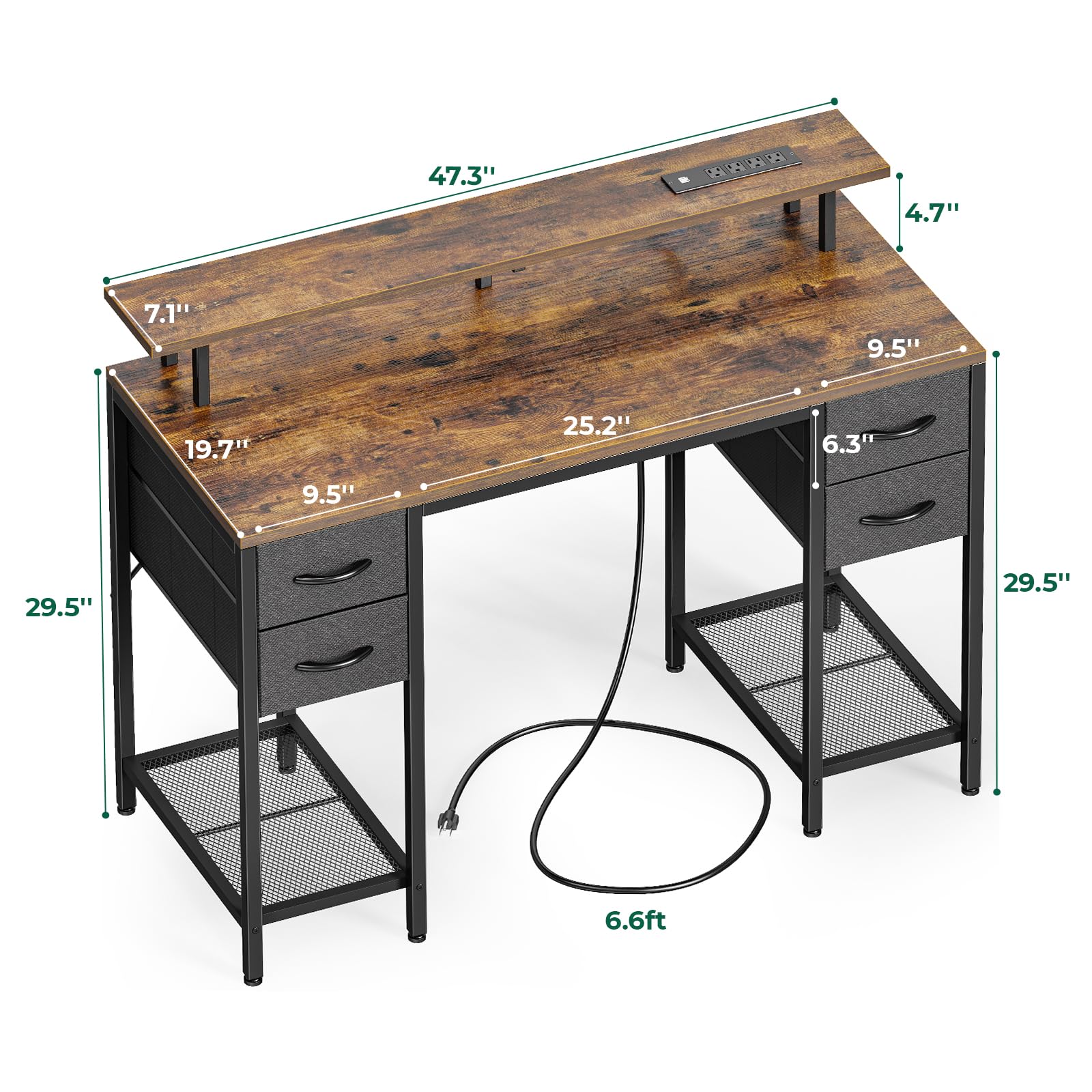 Huuger 47 inch Computer Desk with 4 Drawers, Gaming Desk with LED Lights & Power Outlets, Home Office Desk with Large Storage Space for Bedroom, Work from Home, Rustic Brown7061ZC - WoodArtSupply